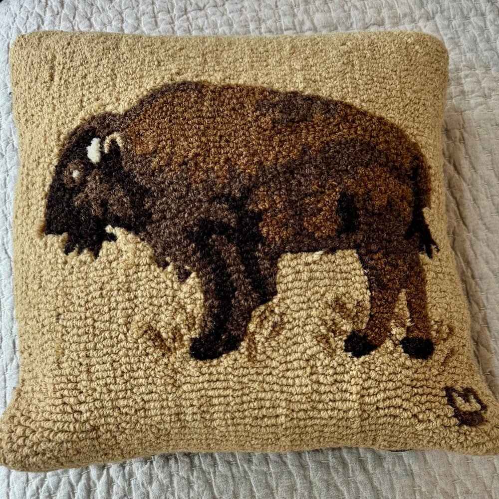 Buffalo on Gold 18" Hooked Wool Pillow by Chandler 4 Corners , EUC